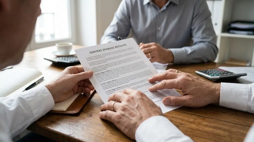 Des mains examinent une clause écrite du contrat épargne retraite grâce à une loupe.