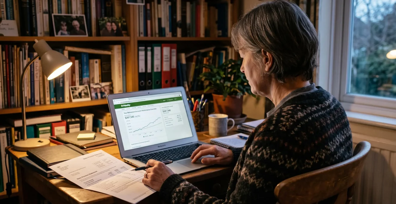 Une femme consulte sur son ordinateur l'évolution de son épargne retraite dans son bureau.
